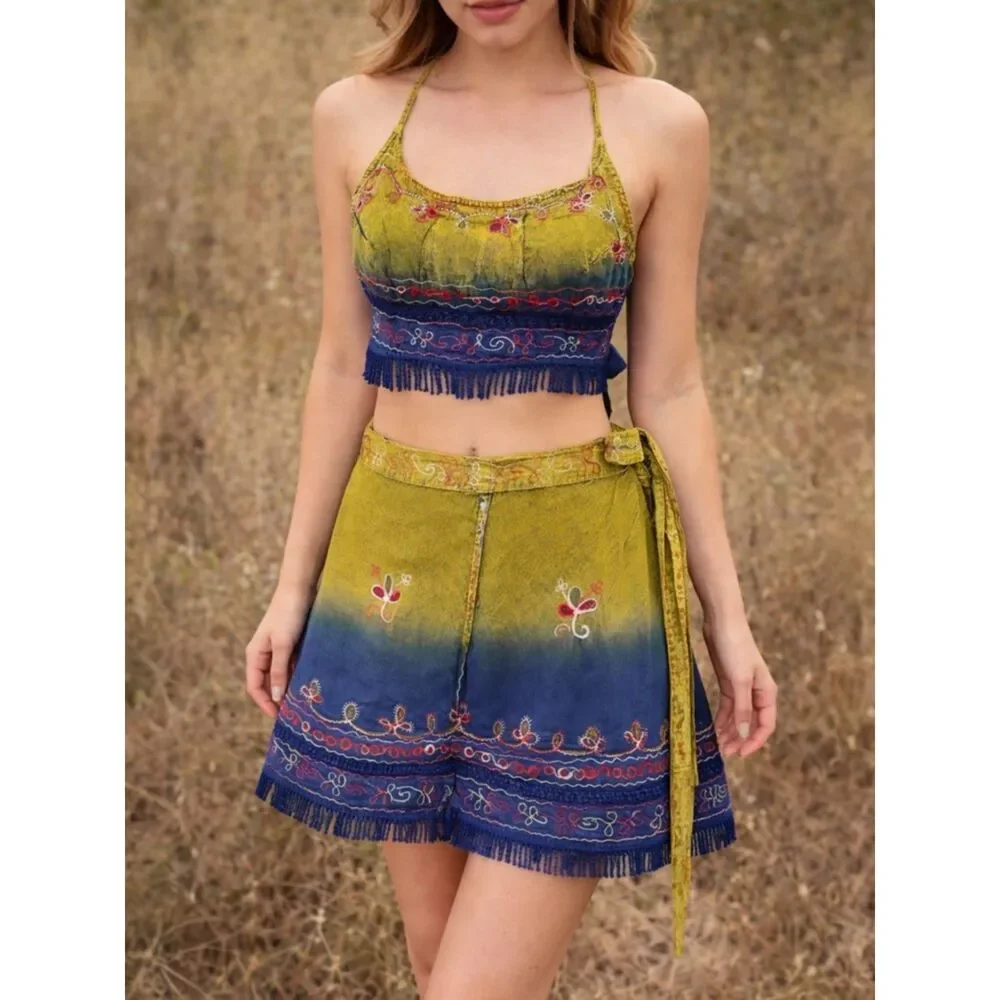 Flower Tie Dye Crop Top Wrap Skirt Set Free Size Boho Festival India Blue Green